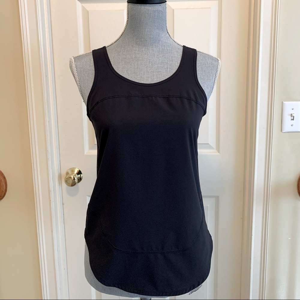 Black Lululemon sleeveless tea with slit in back. Size S or XS, no tag